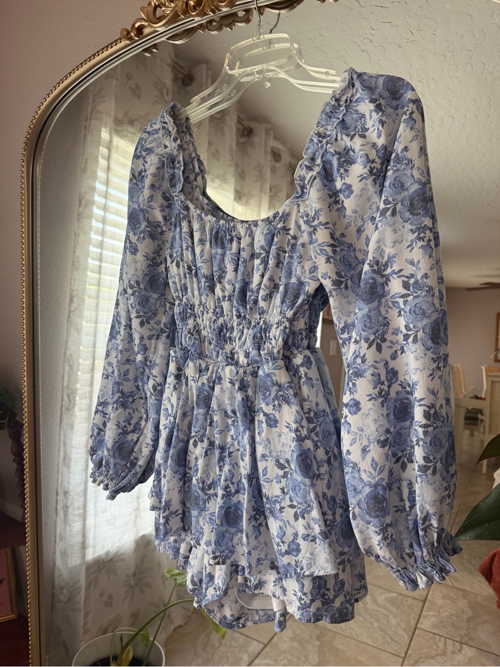 Francesca's Collections Blue Floral Smocked Peplum Long Sleeve Top